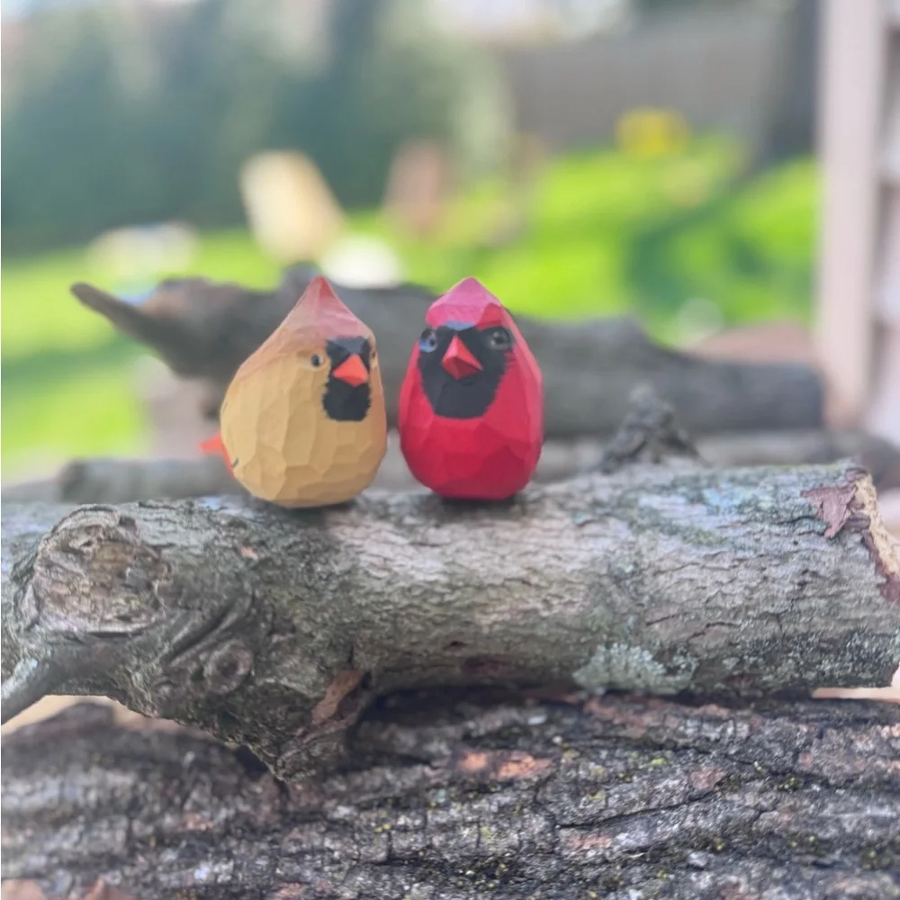 Handcrafted Wooden Bird Figurines - Red and Brown